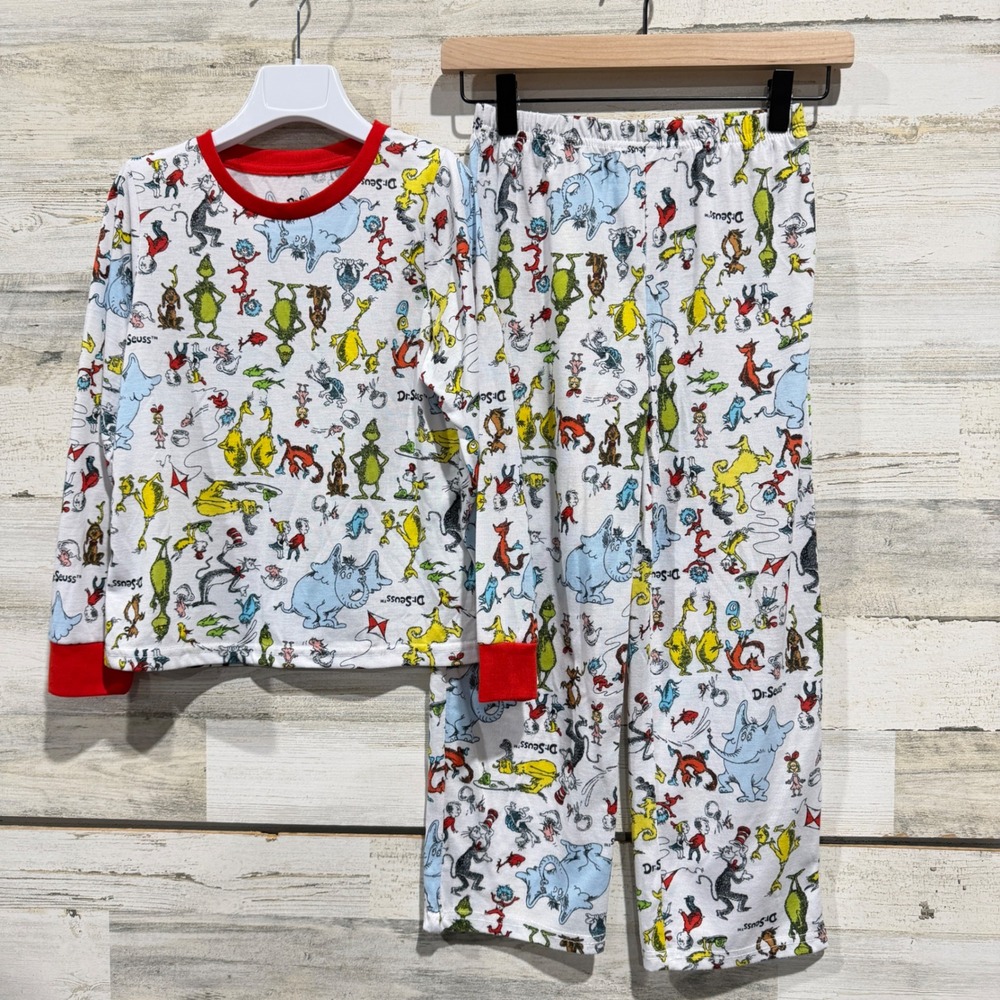 Dr Seuss Pajama Set Boys Size 8 White Character Print Grinchcore GUC